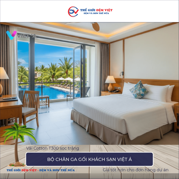 Bộ chăn ga gối khách sạn Việt Á Cotton T300 sọc trắng 6